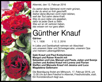 Anzeige von Günther Knauf von Reutlinger Generalanzeiger