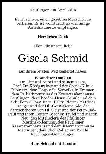 Anzeige von Gisela Schmid von Reutlinger Generalanzeiger