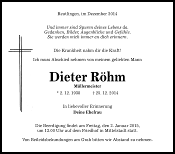 Anzeige von Dieter Röhm von Reutlinger Generalanzeiger