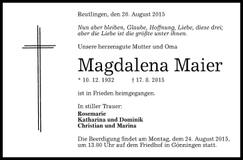 Anzeige von Magdalena Maier von Reutlinger Generalanzeiger