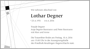 Anzeige von Lothar Degner von Reutlinger Generalanzeiger