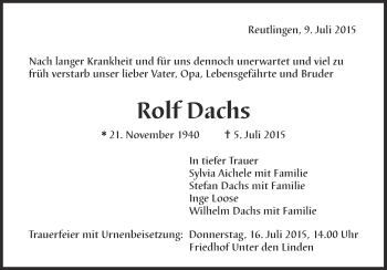 Anzeige von Rolf Dachs von Reutlinger Generalanzeiger