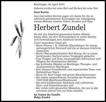Anzeige von Herbert Zundel von Reutlinger Generalanzeiger