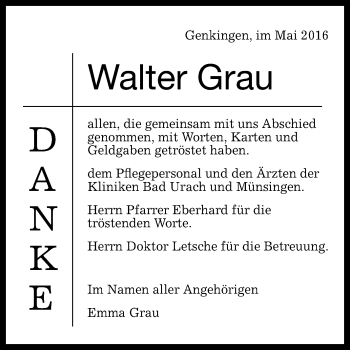 Anzeige von Walter Grau von Reutlinger Generalanzeiger