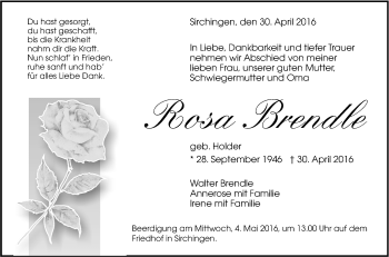 Anzeige von Rosa Brendle von Reutlinger Generalanzeiger