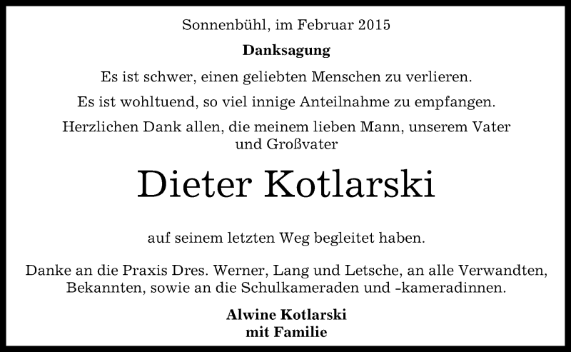  Traueranzeige für Dieter Kotlarski vom 03.02.2015 aus Reutlinger Generalanzeiger