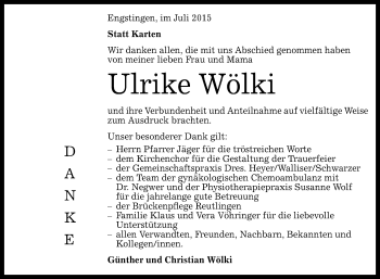 Anzeige von Ulrike Wölki von Reutlinger Generalanzeiger