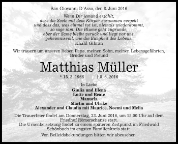 Anzeige von Matthias Müller von Reutlinger Generalanzeiger