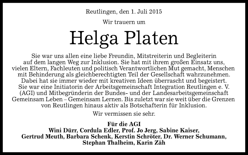  Traueranzeige für Helga Platen vom 02.07.2015 aus Reutlinger Generalanzeiger