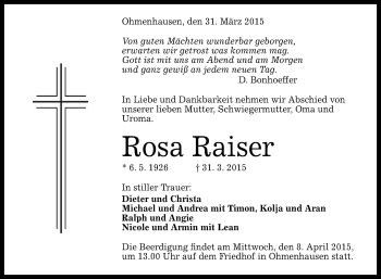 Anzeige von Rosa Raiser von Reutlinger Generalanzeiger