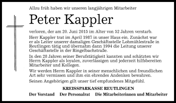 Anzeige von Peter Kappler von Reutlinger Generalanzeiger