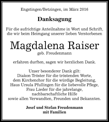 Anzeige von Magdalena Raiser von Reutlinger Generalanzeiger