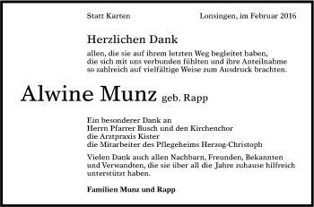 Anzeige von Alwine Munz von Reutlinger Generalanzeiger