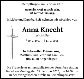 Anzeige von Anna Knecht von Reutlinger Generalanzeiger