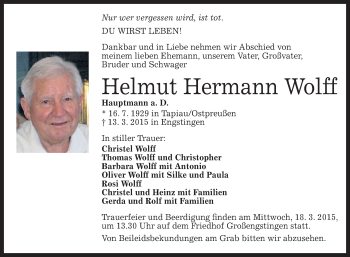 Anzeige von Helmut Hermann Wolff von Reutlinger Generalanzeiger