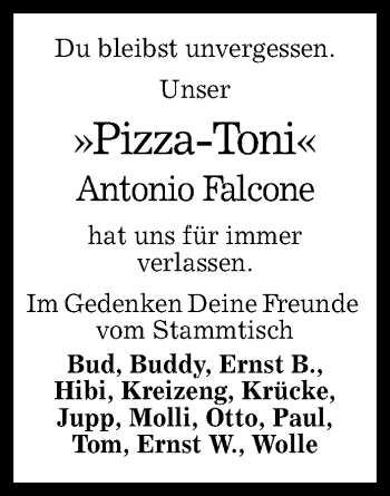 Anzeige von Antonio Falcone von Reutlinger Generalanzeiger