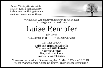 Anzeige von Luise Rempfer von Reutlinger Generalanzeiger
