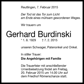 Anzeige von Gerhard Burdinski von Reutlinger Generalanzeiger