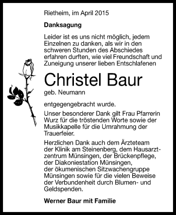 Anzeige von Christel Baur von Reutlinger Generalanzeiger
