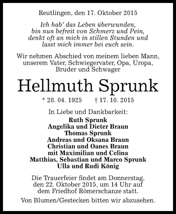 Anzeige von Hellmuth Sprunk von Reutlinger Generalanzeiger