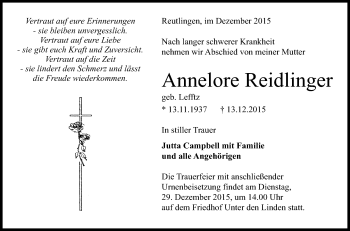 Anzeige von Annelore Reidlinger von Reutlinger Generalanzeiger