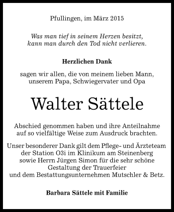 Anzeige von Walter Sättele von Reutlinger Generalanzeiger