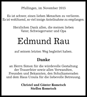 Anzeige von Edmund Rau von Reutlinger Generalanzeiger