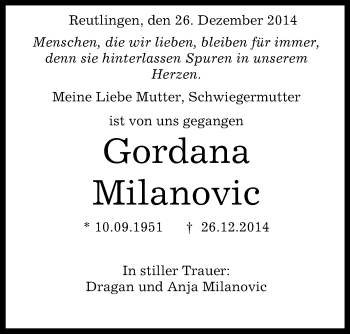 Anzeige von Gordana Milanovic von Reutlinger Generalanzeiger