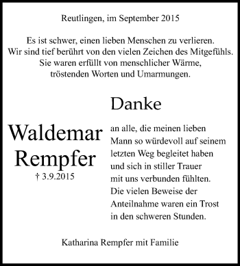 Anzeige von Waldemar Rempfer von Reutlinger Generalanzeiger
