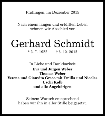 Anzeige von Gerhard Schmidt von Reutlinger Generalanzeiger