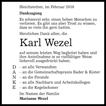 Anzeige von Karl Wezel von Reutlinger Generalanzeiger