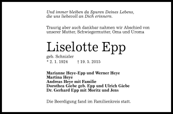 Anzeige von Liselotte Epp von Reutlinger Generalanzeiger