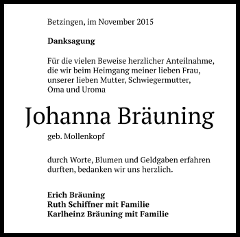 Anzeige von Johanna Bräuning von Reutlinger Generalanzeiger
