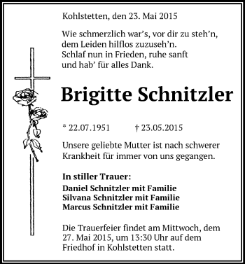 Anzeige von Brigitte Schnitzler von Reutlinger Generalanzeiger