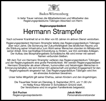 Anzeige von Hermann Strampfer von Reutlinger Generalanzeiger