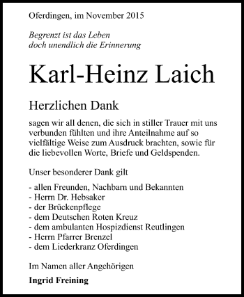 Anzeige von Karl-Heinz Laich von Reutlinger Generalanzeiger