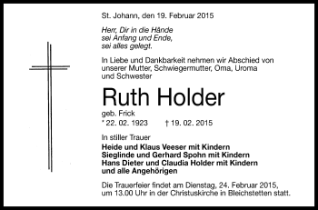 Anzeige von Ruth Holder von Reutlinger Generalanzeiger