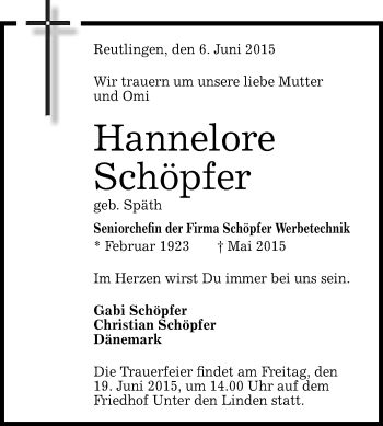 Anzeige von Hannelore Schöpfer von Reutlinger Generalanzeiger