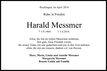 Anzeige von Harald Messmer von Reutlinger Generalanzeiger