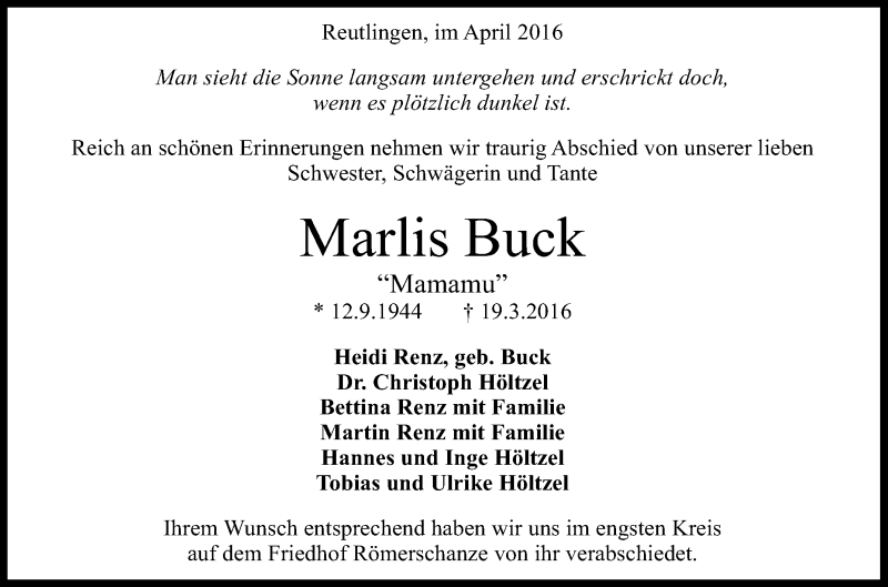 Traueranzeige für Marlis Buck vom 01.04.2016 aus Reutlinger Generalanzeiger