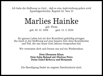 Anzeige von Marlies Hainke von Reutlinger Generalanzeiger
