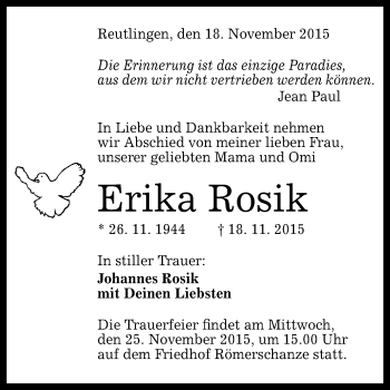 Anzeige von Erika Rosik von Reutlinger Generalanzeiger