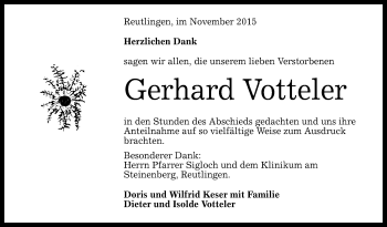 Anzeige von Gerhard Votteler von Reutlinger Generalanzeiger