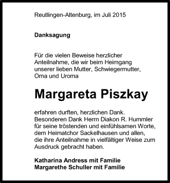 Anzeige von Margareta Piszkay von Reutlinger Generalanzeiger