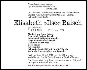 Anzeige von Elisabeth  Baisch von Reutlinger Generalanzeiger