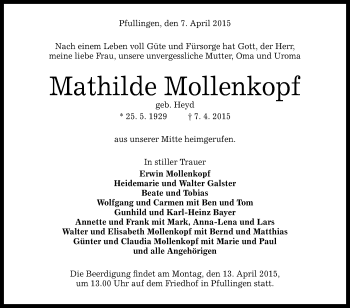 Anzeige von Mathilde Mollenkopf von Reutlinger Generalanzeiger