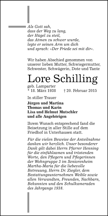 Anzeige von Lore Schilling von Reutlinger Generalanzeiger
