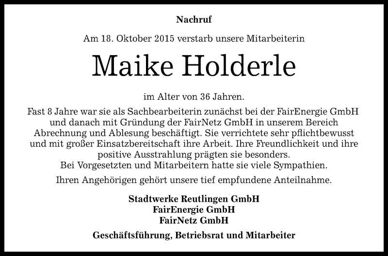  Traueranzeige für Maike Holderle vom 26.10.2015 aus Reutlinger Generalanzeiger