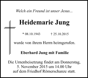 Anzeige von Heidemarie Jung von Reutlinger Generalanzeiger