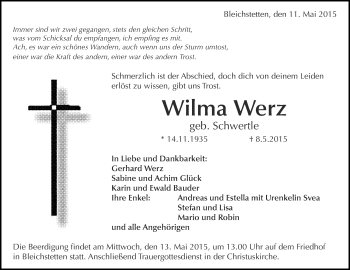 Anzeige von Wilma Werz von Reutlinger Generalanzeiger